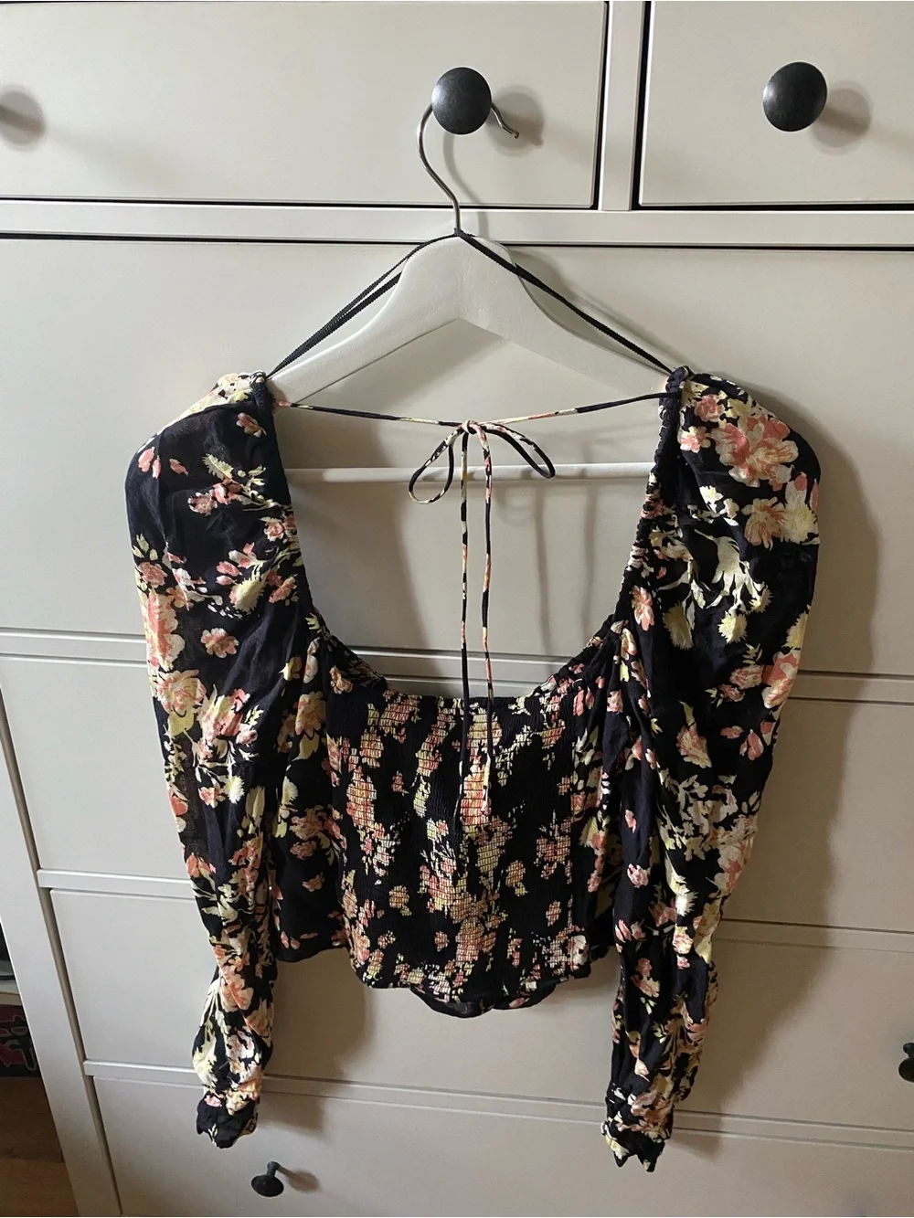 Free People Black Floral Puff-Sleeve Corset Top